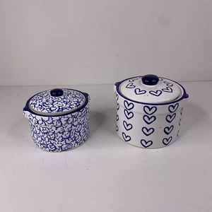 Juego de dos latas pintadas a mano azul y blanco de dos osos cerámica amorosa - Imagen 1 de 11