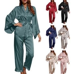 Satins Silk Pajamas Set Women Belted Sleepwear Long Sleeve Pj Set Loungewear - Picture 1 of 32