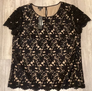 Damengröße 14 Talbots schwarz Blumen gehäkelt Top mit beigem Futter Flügelärmel - Bild 1 von 5