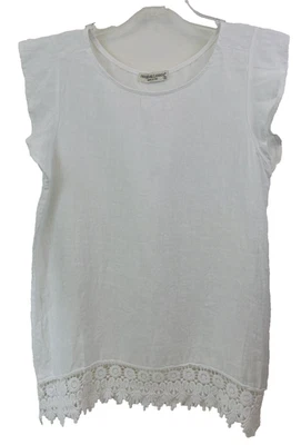 Top Terzo Millennio Talla Pequeña Blanco 100% Lino Hecho en Italia Crochet Manga Gorra Foto 1 de 4