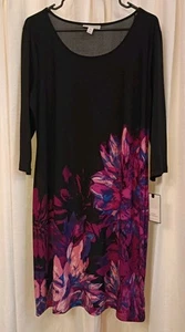 Neu mit Etikett Dana Buchman schwarz/geblümt U-Ausschnitt 3/4 Ärmel Kleid Größe XL - Bild 1 von 8