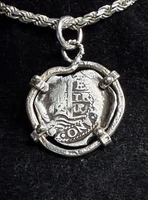 Authentic Spanish-Colonial Era DATED 1-Real Silver Shipwreck Cob Coin in Bezel - Image 1 of 4