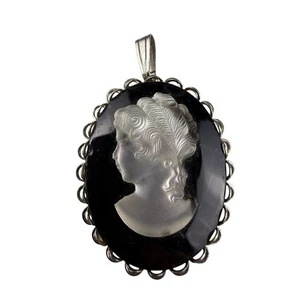 Vintage Unknown Womens Black Silver Tone Cameo Pendant Lady Profile Ornate Frame - Picture 1 of 4