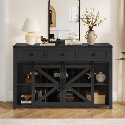 55in Sliding Barn Door Sideboard Buffet Cabinet with3 Drawers Adjustable Shelves - Image 1 of 4