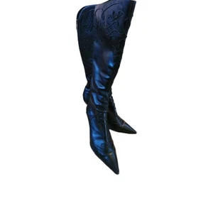 SERGIO ROSSI Black LEATHER High Heel BOOTS ITALY 39 1/2 Embroidery - Picture 1 of 12