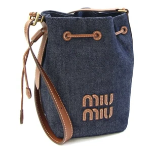 Miu Miu Shoulder Bag Blue Brown Denim Leather Used Shoulder Bucket Logo Women's - Picture 1 of 6