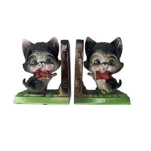 Sujetalibros de gato de colección estatuillas pajarita roja cara plana cerámica tiene reparaciones - Imagen 1 de 18