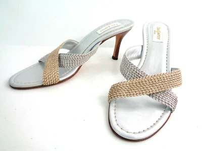 ERIC JAVITS US 8.5N Silver & Gold Slide Sandals Shoes High Kitten Heel ITALY - Image 1 of 4