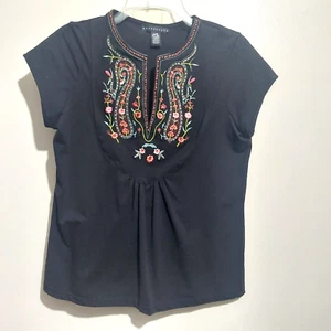 Apostrophe Top Size Large 12/14 Black Floral Embroidery Cap Sleeves Stretch - Picture 1 of 5