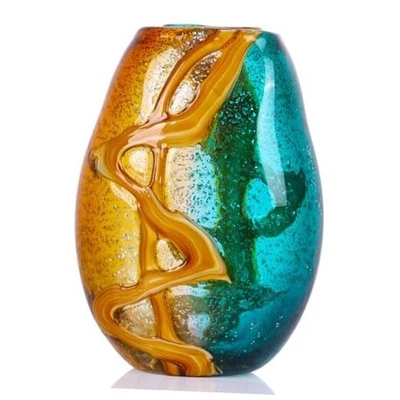 Jarrón de vidrio artesanal de 9" de alto con colores ámbar y turquesa - Artístico 9 pulgadas Foto 1 de 4