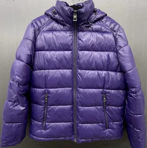 Guess Puffer Jacket Women L Purple Pockets Removeable Hood Outdoor Winter Coat - Picture 1 of 12