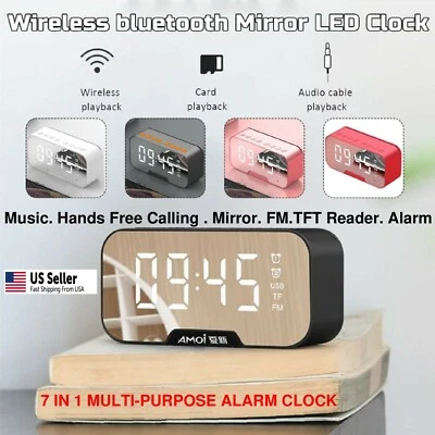 Digital Alarm Clock FM Radio Wireless Bluetooth Mirror LED With Speaker Portable - Image 1 of 4
