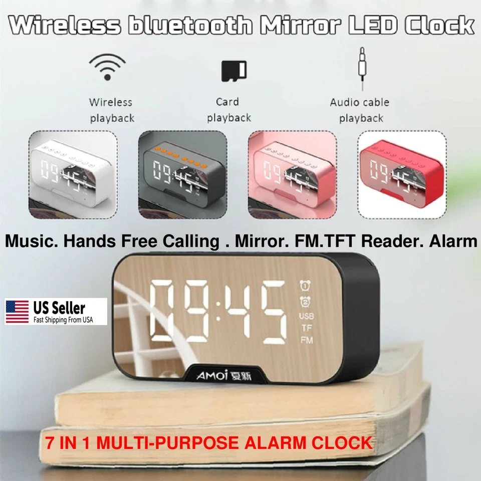 Reloj Despertador Digital Radio FM Inalámbrico Bluetooth Espejo LED Con Altavoz Portátil Foto 1 de 4
