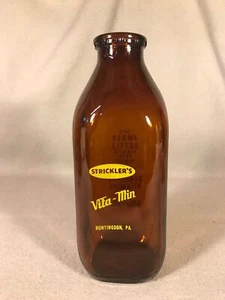 STRICKLER'S DAIRY Vita-Min Amber Glass Milk Bottle, Huntingdon, PA  !! - Picture 1 of 4