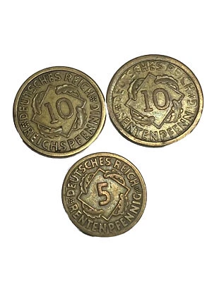 Germany Weimar Republick 10  And 5 Reichspfennig 1924 A, 3 Coins ONE ERROR REV - Image 1 of 4