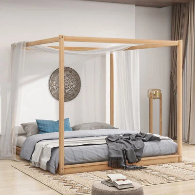 Wood Bed Frame King Size Canopy Platform Bed with Support Legs Bedroom Natural - Image 1 of 4