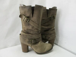 ALDO Light Brown Nubuck Leather High Heel Mid Calf Biker Boots Womens Sz 38 EUR - Picture 1 of 9
