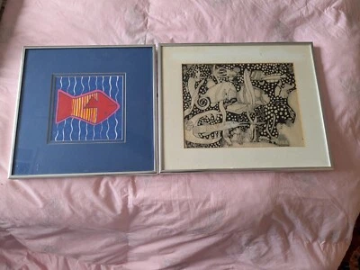 Lote de 2 impresiones abstractas modernas de peces en papel arte original Foto 1 de 3