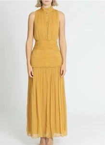 SHONA JOY Dress Leonie Button Up Ruched Midi Formal Mimosa Mustard AU 10 US 6 - Picture 1 of 7