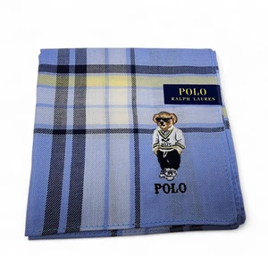 POLO Ralph Lauren Bear Embroidered Scarf Blue 49cm Cotton Hankie cotten - Picture 1 of 4