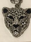 Large Panther Jaguar Leopard Face Bejewelled Necklace W. Thick Double Link Chain