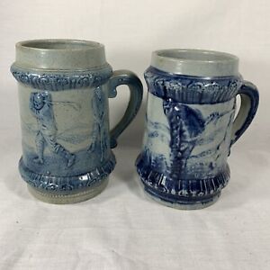 2 Antique Salt Glaze Stoneware Mugs Golf Scenes Robinson Clay Products Akron