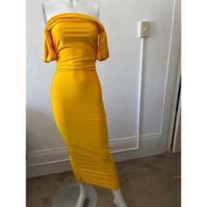 Vintage Blu Small yellow on off the shoulder fitted bodycon stretch maxi dress - Picture 1 of 24