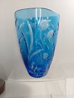 Vintage Handmade Crystal Vase Fish Ocean Cobalt Blue Cut To Clear Design Guild