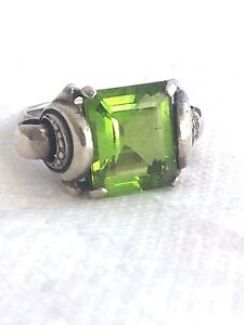 Vintage Sterling Silver Faceted Green Glass  Ring Size 4.75 5.3g Pinkie 