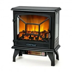 1400W Electric Stove Heater with 3-Level Flame Effect and 3-Sided View-Black - Picture 1 of 6