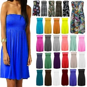 Womens Ladies Strapless Sheering Boob Tube Gather Bandeau Top Summer Mini Dress - Picture 1 of 33