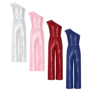 Kids Girl's Rompers Sleeveless Jumpsuit Wide Leotards Shiny Bodysuit Dancing - Picture 1 of 60