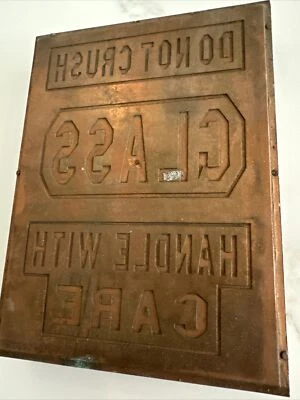 ANTIQUE COPPER PRINTING BLOCK PLATE 5x6.5” ‘DO NOT CRUSH GLASS’ - Image 1 of 4