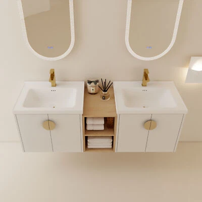 Mueble tocador de baño 2X24" con fregadero de cerámica +12" pequeños estantes de almacenamiento blanco Foto 1 de 4