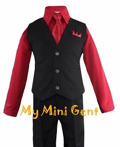 My Mini Gent Boys 4PC Solid Black Vest Suit Set Many Colors Vest Pants Shirt Tie - Picture 1 of 12