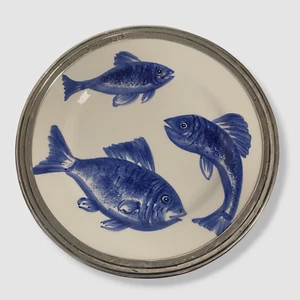 $150 Neiman Marcus Valpeltro Blue Ocean Pewter Ceramic Dessert Plate 8.3" - Picture 1 of 6