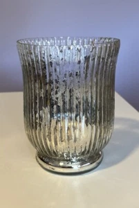 Mercury Glass Silver Short Pillar Enclosed Candleholder 5.5" Tall 4" Diameter - Picture 1 of 9