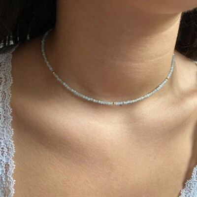 Colares feitos à mão com contas de campo de ouro facetadas redondas de pedra preciosa Nature Aquamarine 18"" - Imagem 1 de 4