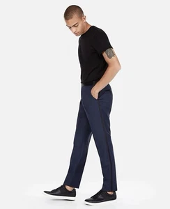 NWT Indochino Deep Blue Velvet  Satin Trim Tuxedo Slim Pants Formal Mens 31x30 - Picture 1 of 14