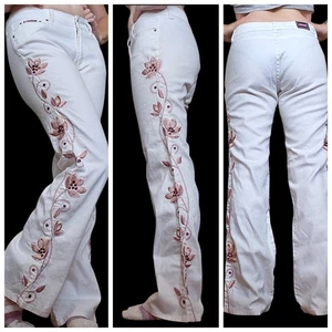 Y2K weiße Schlag Jeans Hose rosa bestickt Blumen Gr. 6 dünn Stretch Retro - Bild 1 von 10