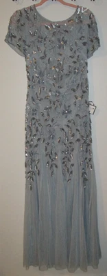 Vestido Adrianna Papell Feminino Tamanho 8 Frisado Design Floral Embelezado Azul Formal - Imagem 1 de 4