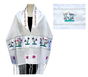 Hand Paint Silk Tallit Tallis + Bag + Flowers Tulips MADE IN ISRAEL 69" x 18.5" - Picture 1 of 6