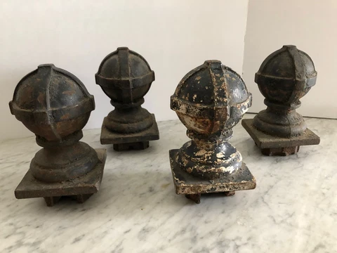 ANTIQUE Large Cast Iron Fence Newel Post Cannon Ball Strapped Ball Finials Set 4 Cover