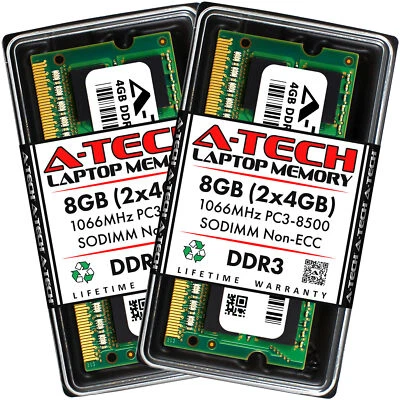 8GB KIT 2 x 4GB SODIMM DDR3 NON-ECC PC3-8500 1066MHz 1066 MHz DDR-3 Ram Memory - Image 1 of 4