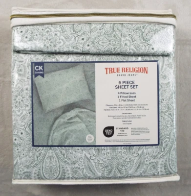TRUE RELIGION Green Floral 6 Piece Cal-King Sheet Set 100% Polyester NEW - Image 1 of 4