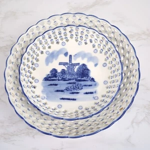 Vintage Pair Of Delft Blue Windmill Scene Pierced Porcelain Bowls DN&EI Sweden - Picture 1 of 11