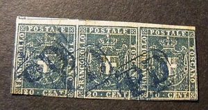 ITALIA ,ITALY 1860 Toscana Tuscany " Stemma di Savoia" Striscia di 3V , 20c USED - Picture 1 of 2