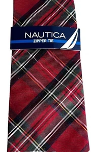 NAUTICA Boys Zipper Red and Green Plaid 100% Silk Necktie New With Tags 14x2.75" - Picture 1 of 12