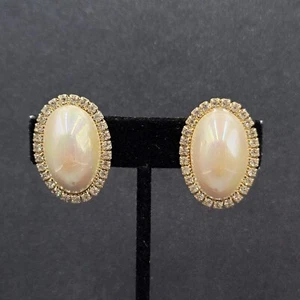Vintage Clip on Earrings Statement AB Rhinestones Pearl White Cabochon 1 1/8" - Picture 1 of 10
