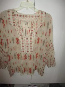 LUCKY BRAND BEIGE/ORANGE 3/4 SLV SEE THRU BLOUSE SIZE XL - Picture 1 of 8